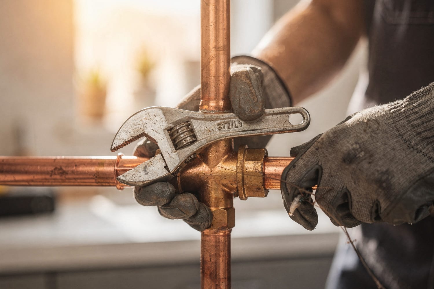 Gloved hands tightening a copper pipe fitting, sunlight glinting off the metal