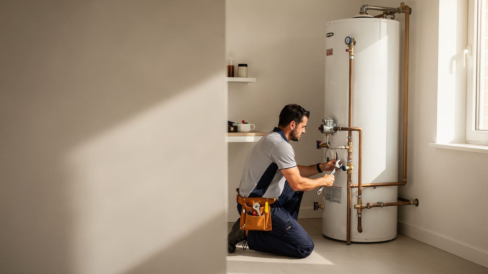 A plumber kneeling beside a residential water heater, tightening a fitting with a wrench