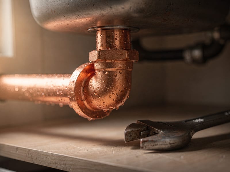 Water droplets on a copper pipe fitting under a sink, wrench resting nearby