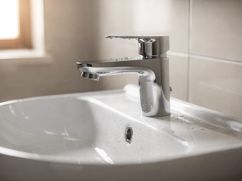 A new chrome faucet installed on a white bathroom sink, natural window light