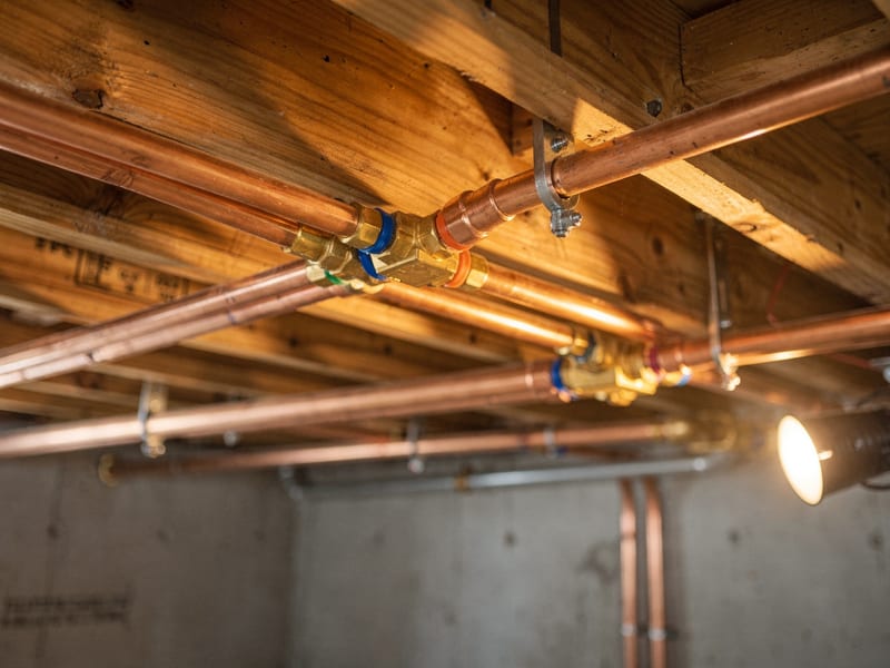 Clean copper and PEX pipe runs installed along a basement ceiling joist